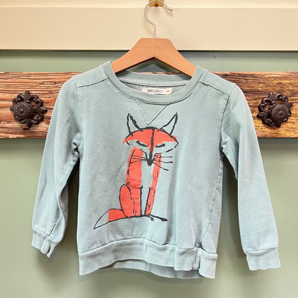 Bobo Choses Kids Fox‎ Graphic Sweatshirt Sage Green Pullover Size 4-5Y